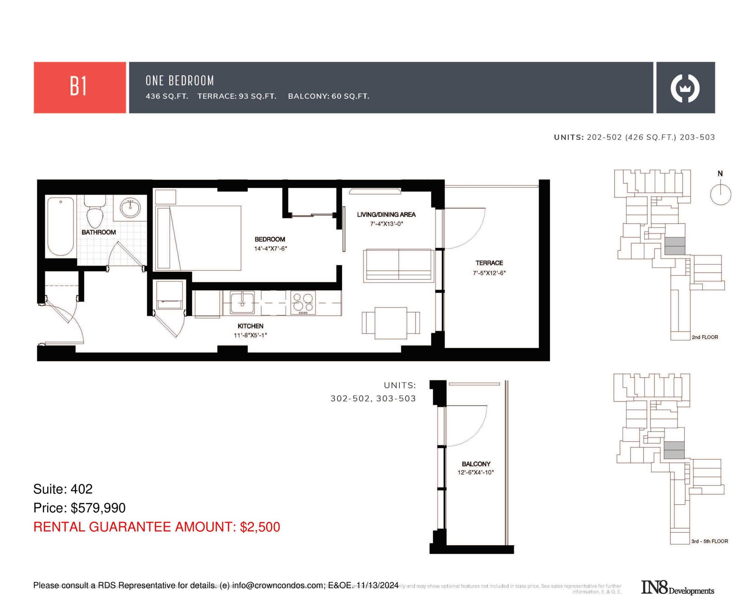 B1 Floor Plan at Crown Condos by IN8 Developments - 436 sq.ft