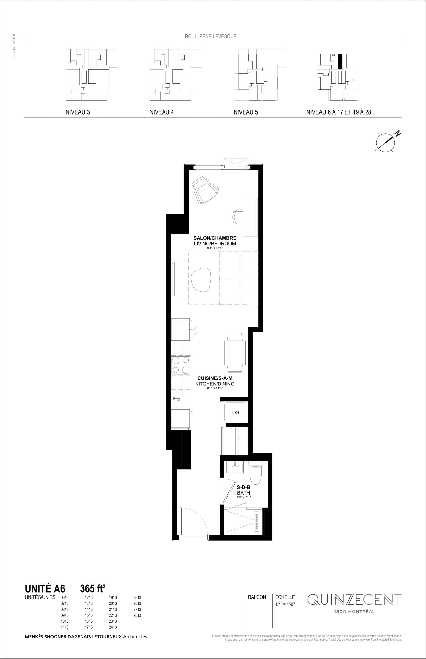 A6 Floor Plan at Quinzecent Condos - 365 sq.ft