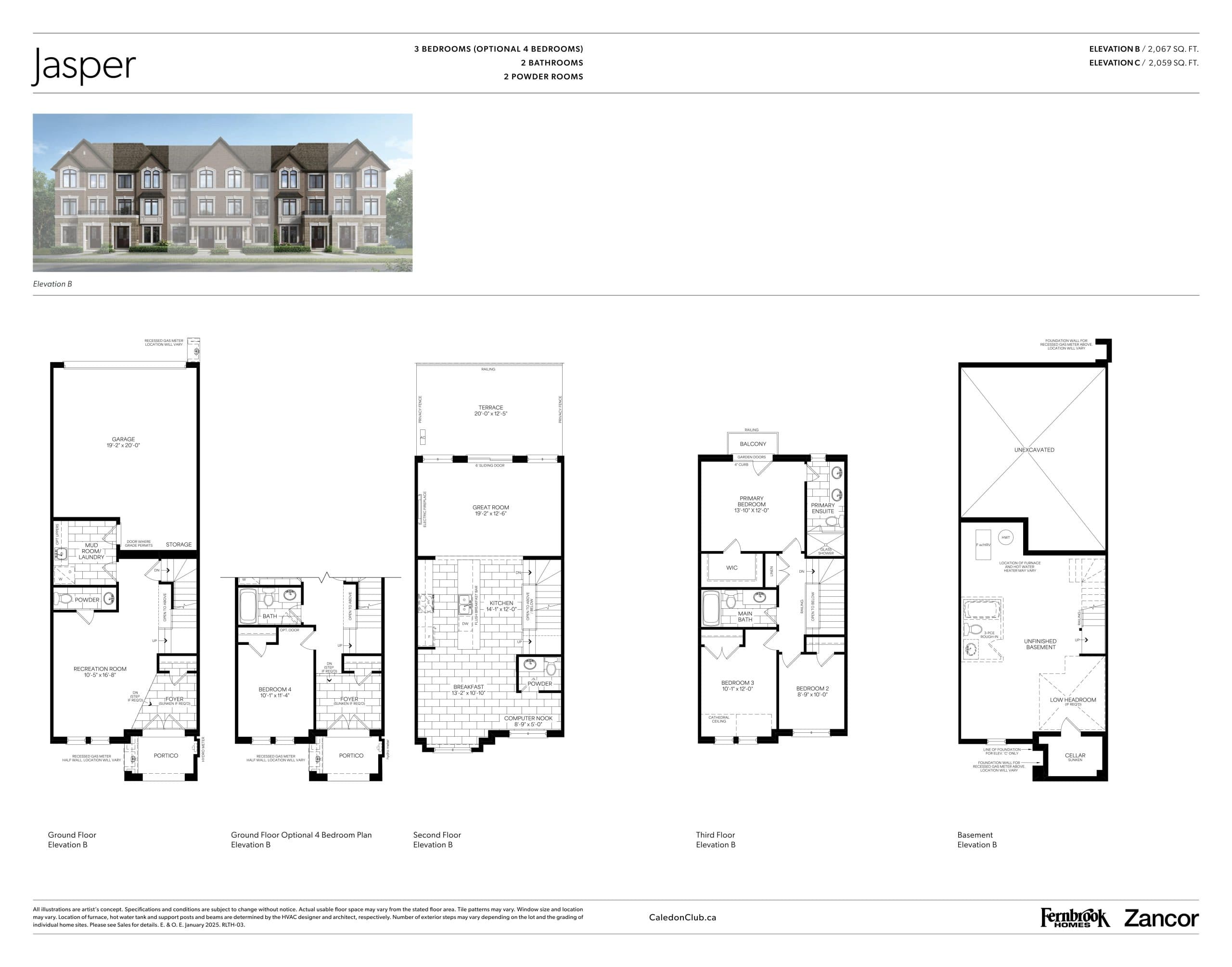 Jasper - Elevation B Floor Plan at Caledon Club Towns - 2067 sq.ft