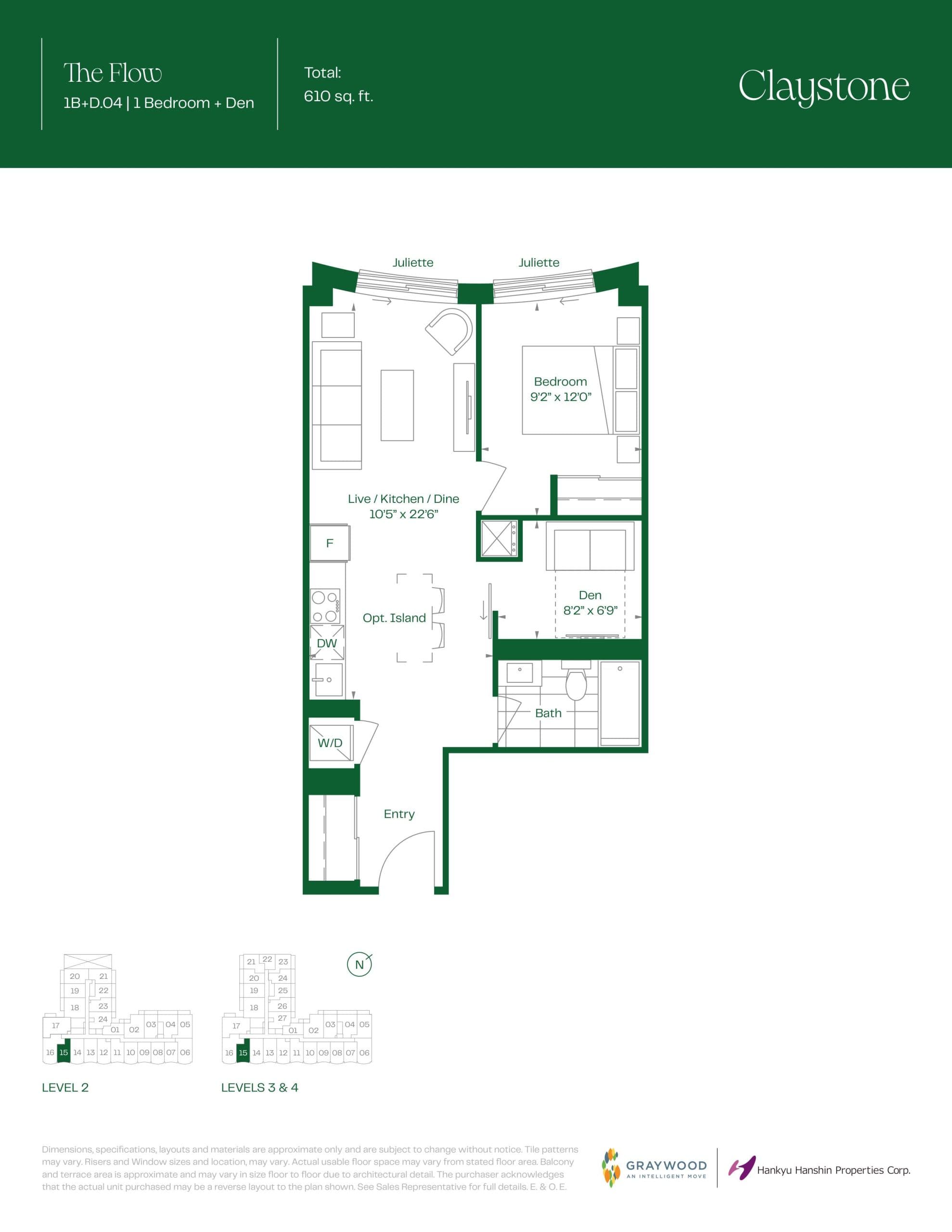 The Flow Floor Plan at Claystone Condos - 610 sq.ft