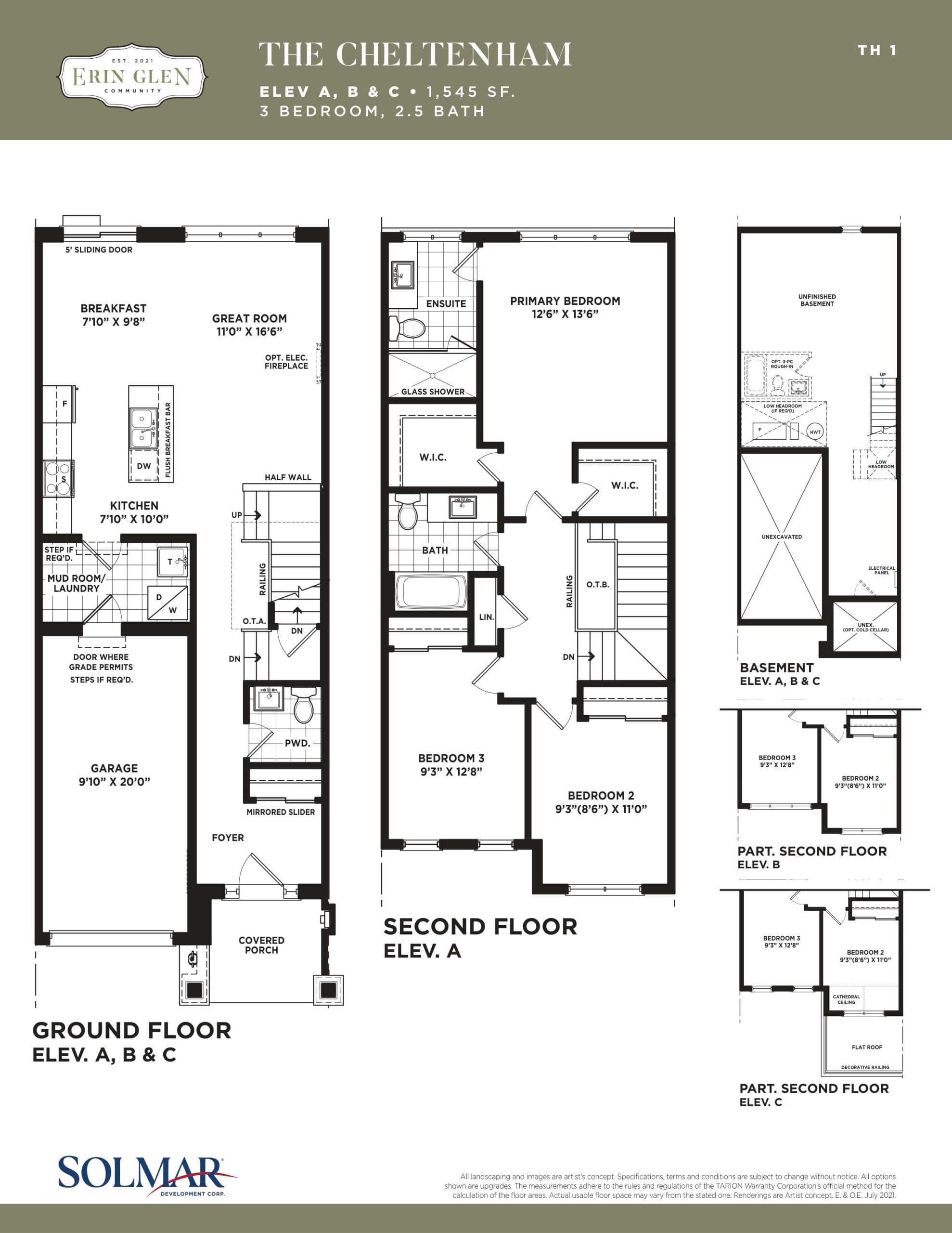 The Cheltenham Floor Plan at Erin Glen by Solmar Development Corp - 1545 sq.ft