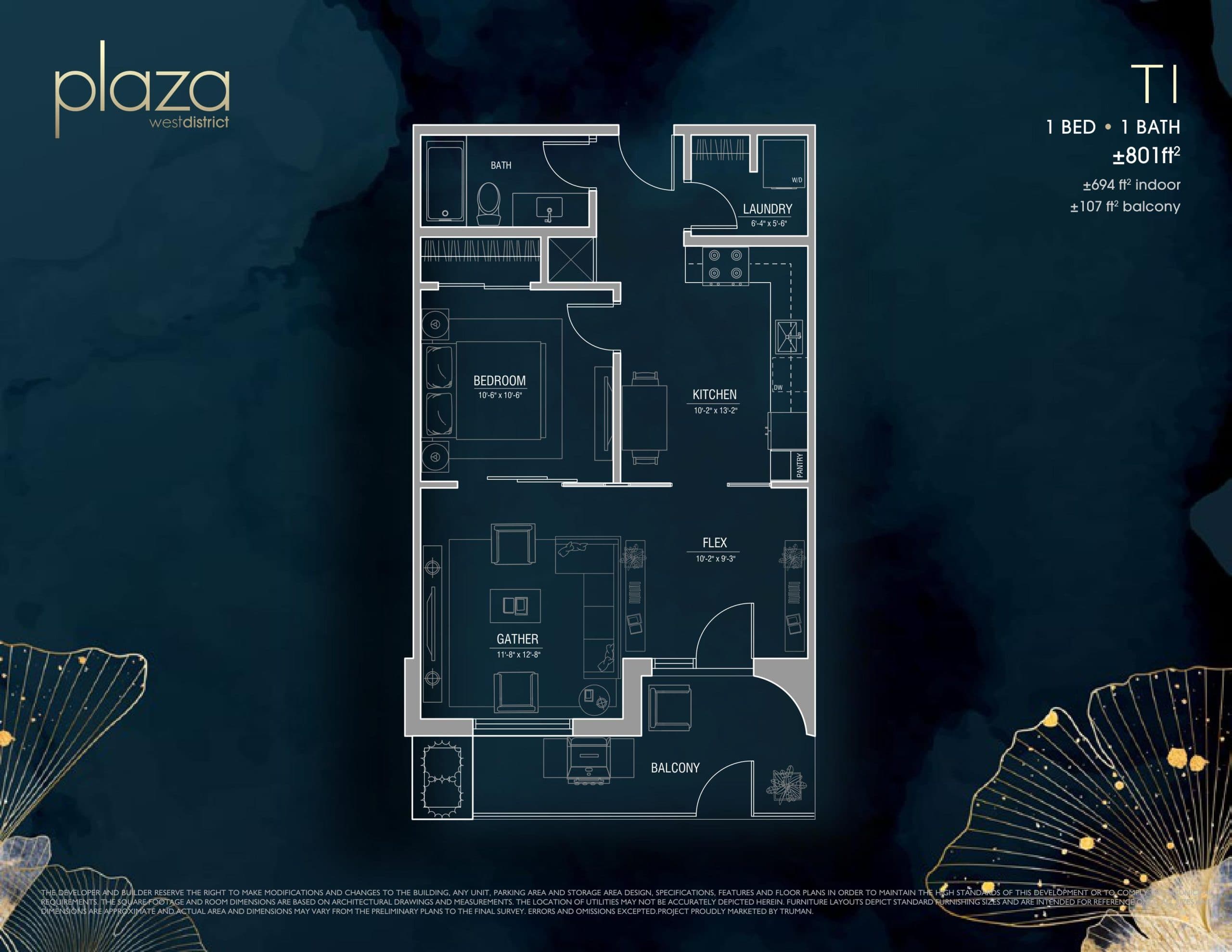 T1 Floor Plan at Plaza West District Phase 2 Condos - 801 sq.ft