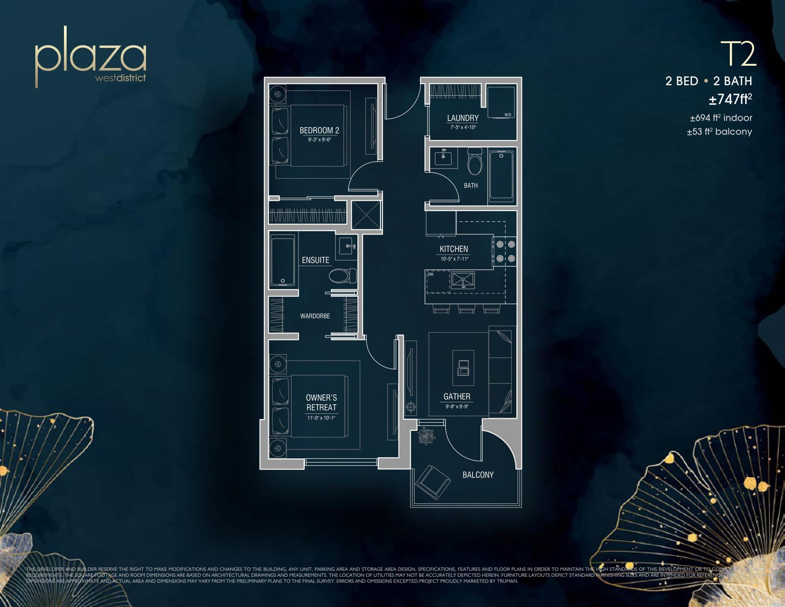 T2 Floor Plan at Plaza West District Phase 2 Condos - 747 sq.ft