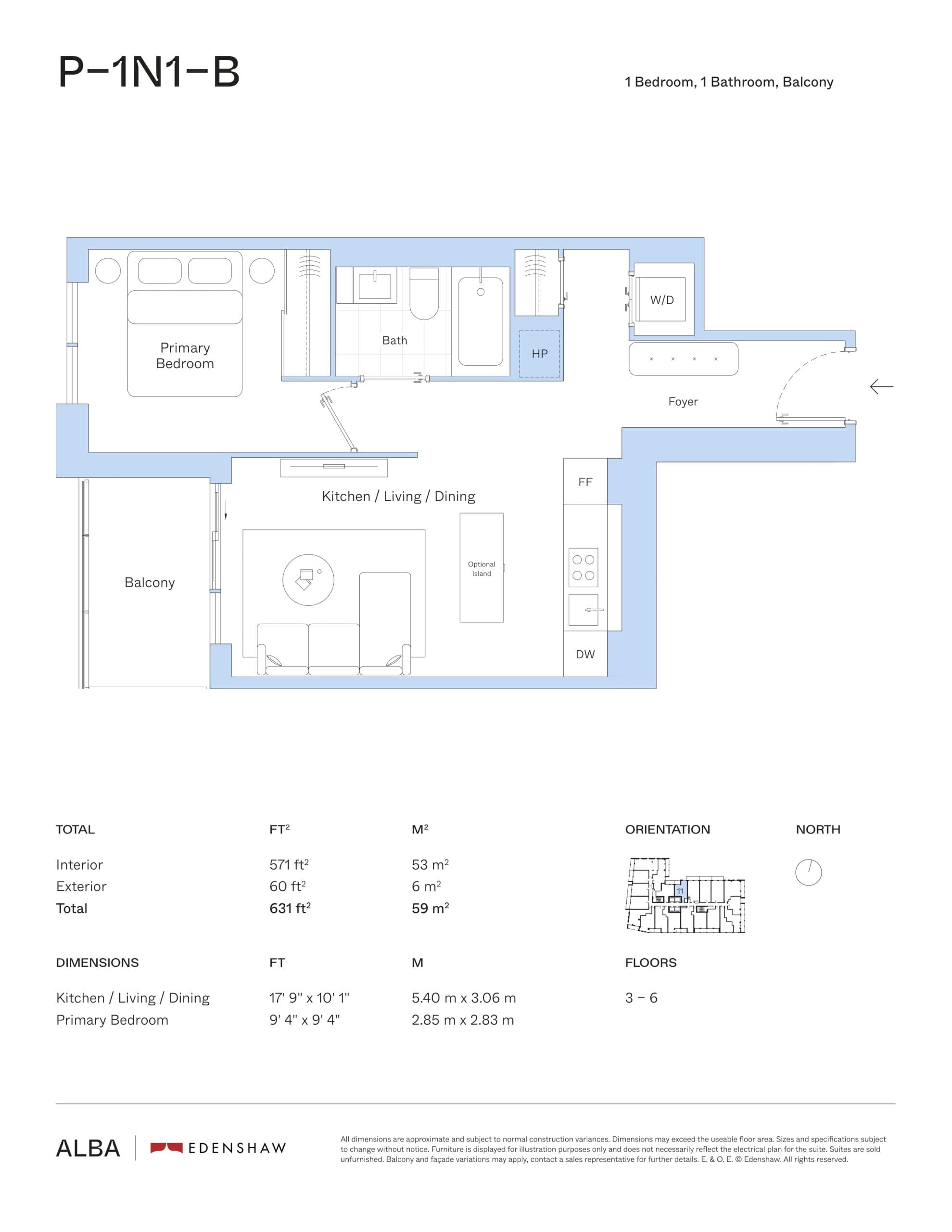 P-1N1-B (with Balcony) Floor Plan at Alba Condos - 571 sq.ft