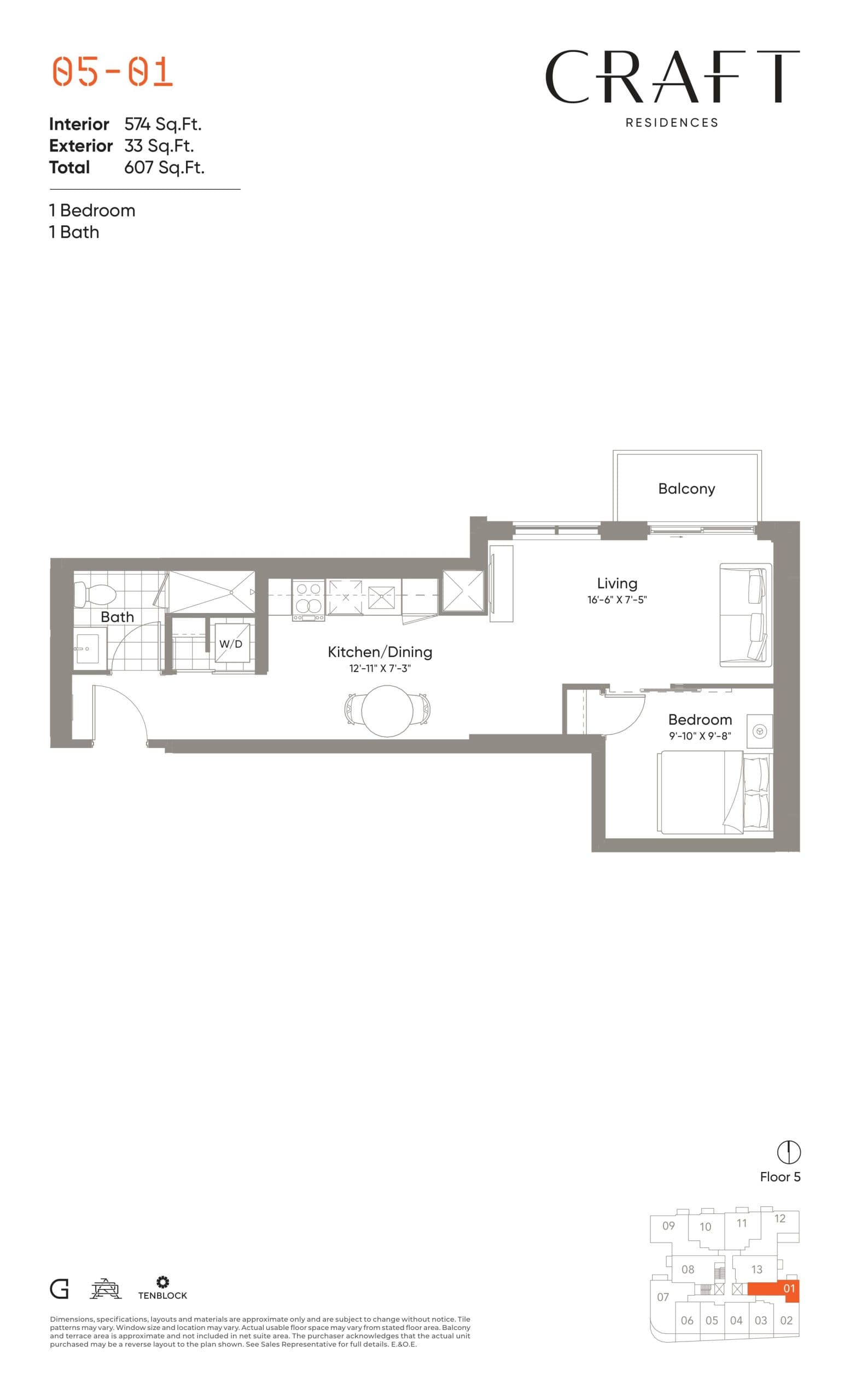 05-01 Floor Plan at Craft Residences - 574 sq.ft