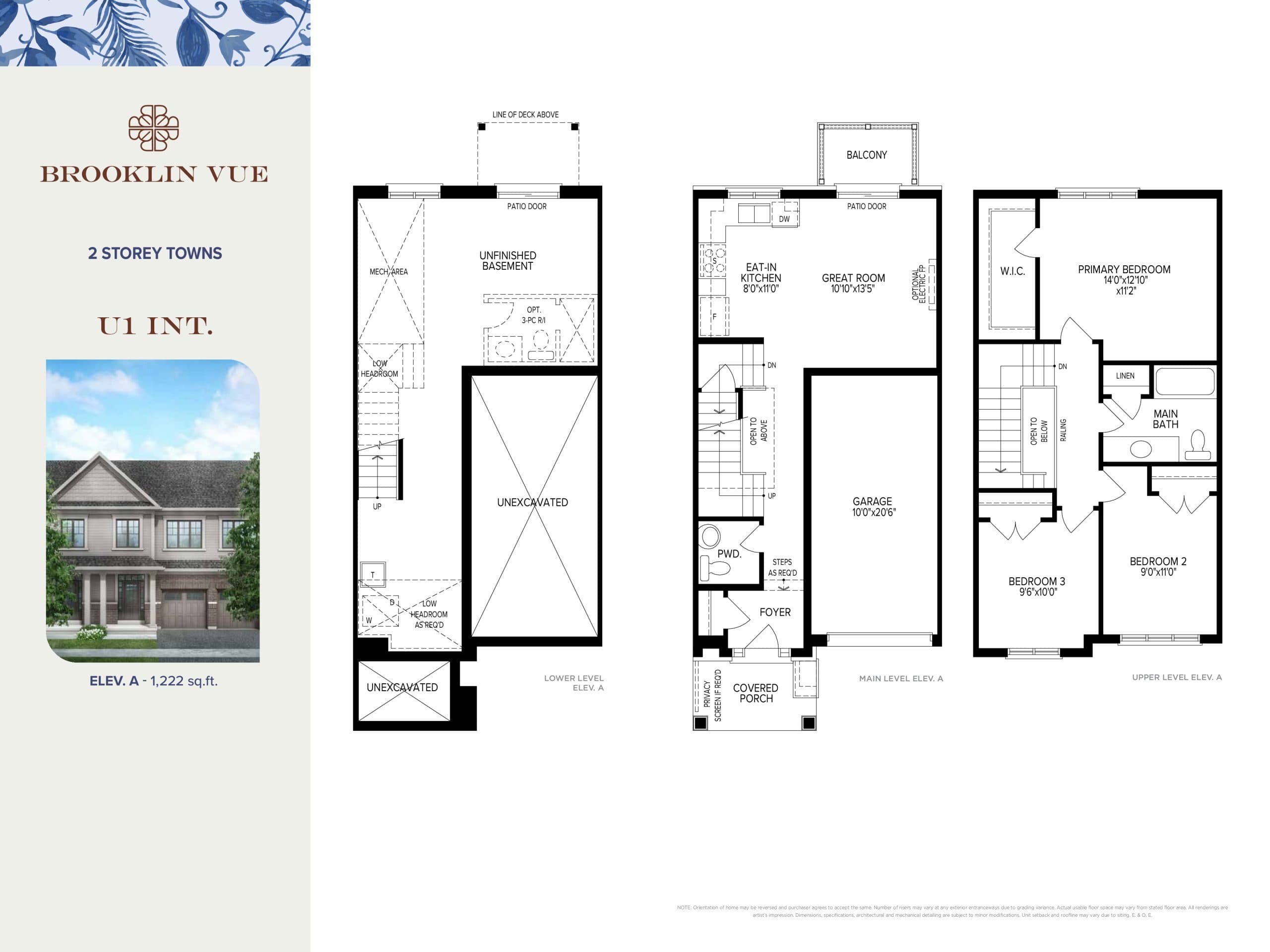 U1 Int Floor Plan at Brooklin Vue Towns - 1222 sq.ft
