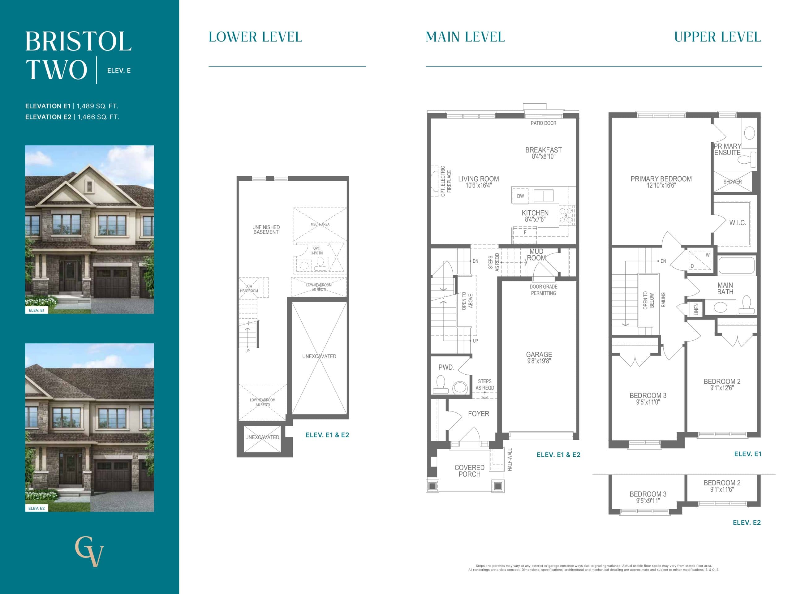 Bristol Two - Elevation E Floor Plan at Georgina View Homes - 1489 sq.ft