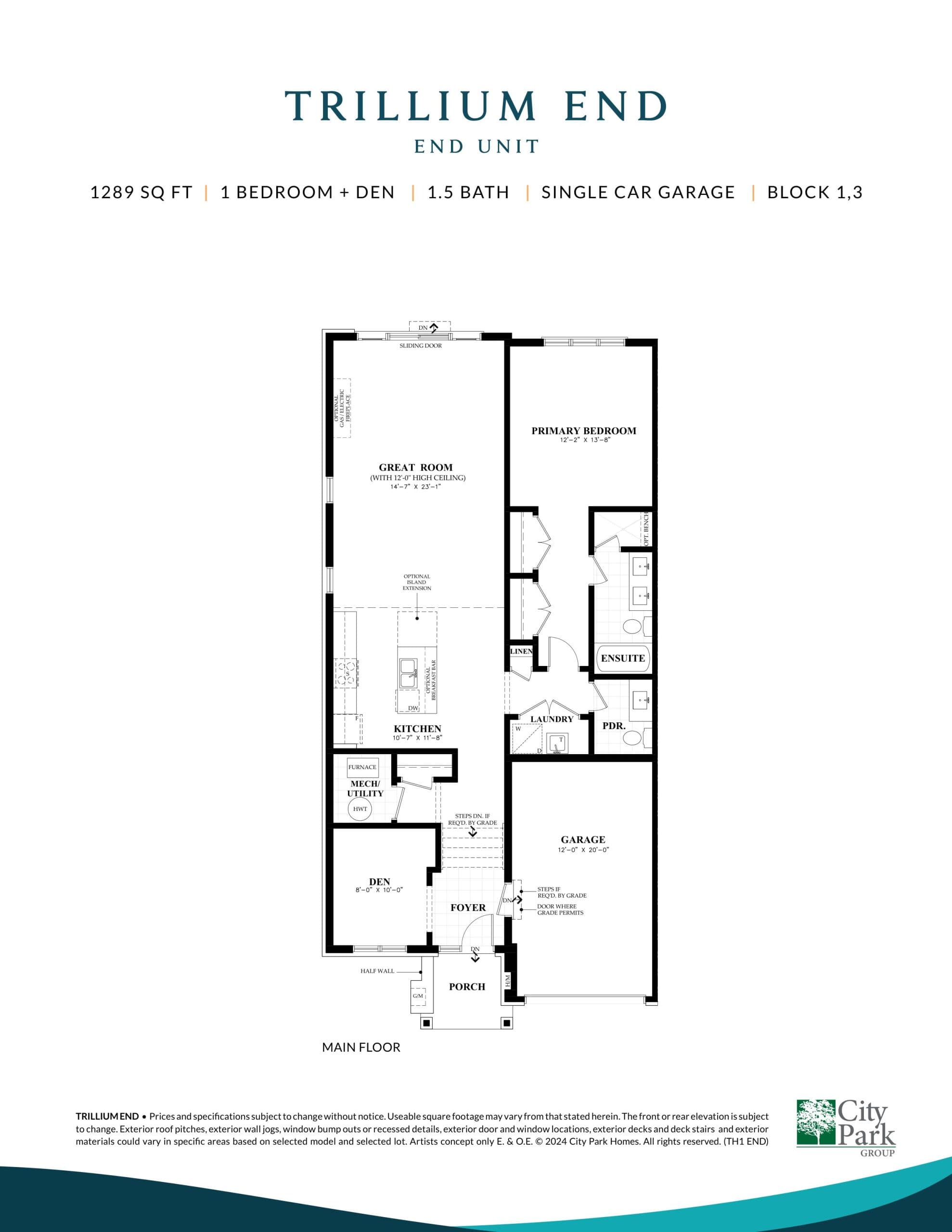 Trillium End Floor Plan at Kingfisher Cove by City Park Group - 1289 sq.ft