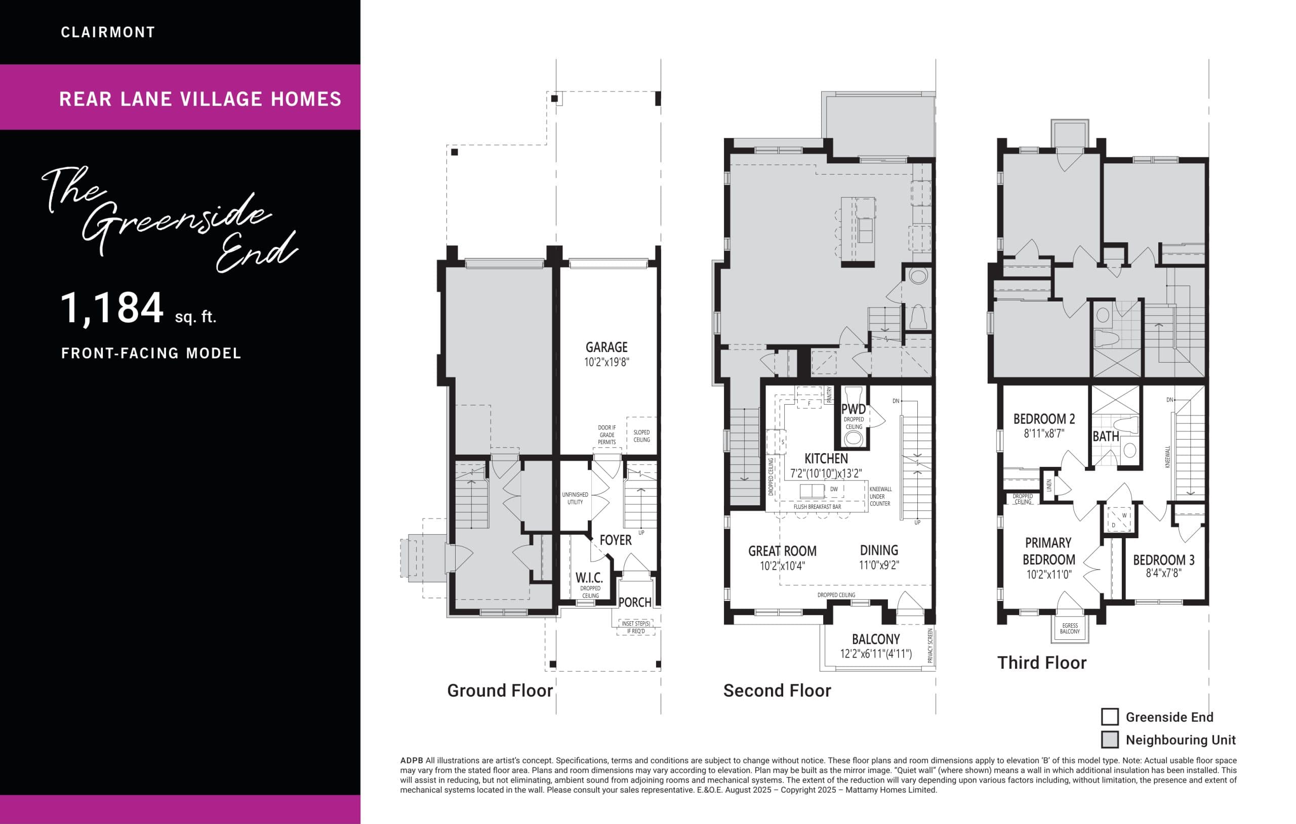 The Greenside End Floor Plan at Clairmont Towns by Mattamy Homes - 1184 sq.ft