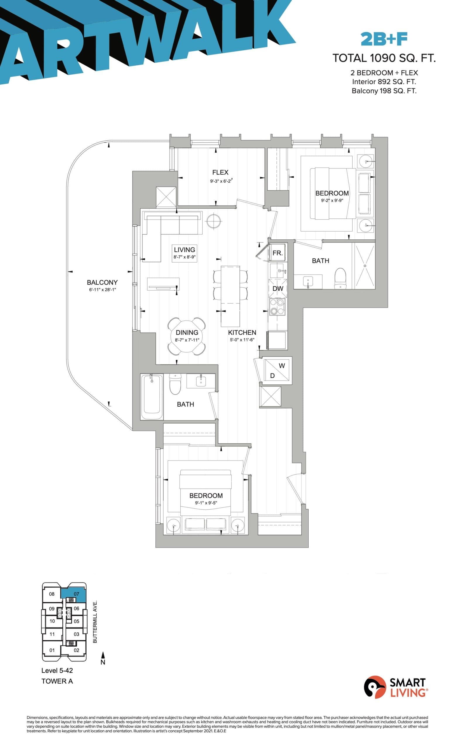 2B+F Floor Plan at ArtWalk Condos - 892 sq.ft