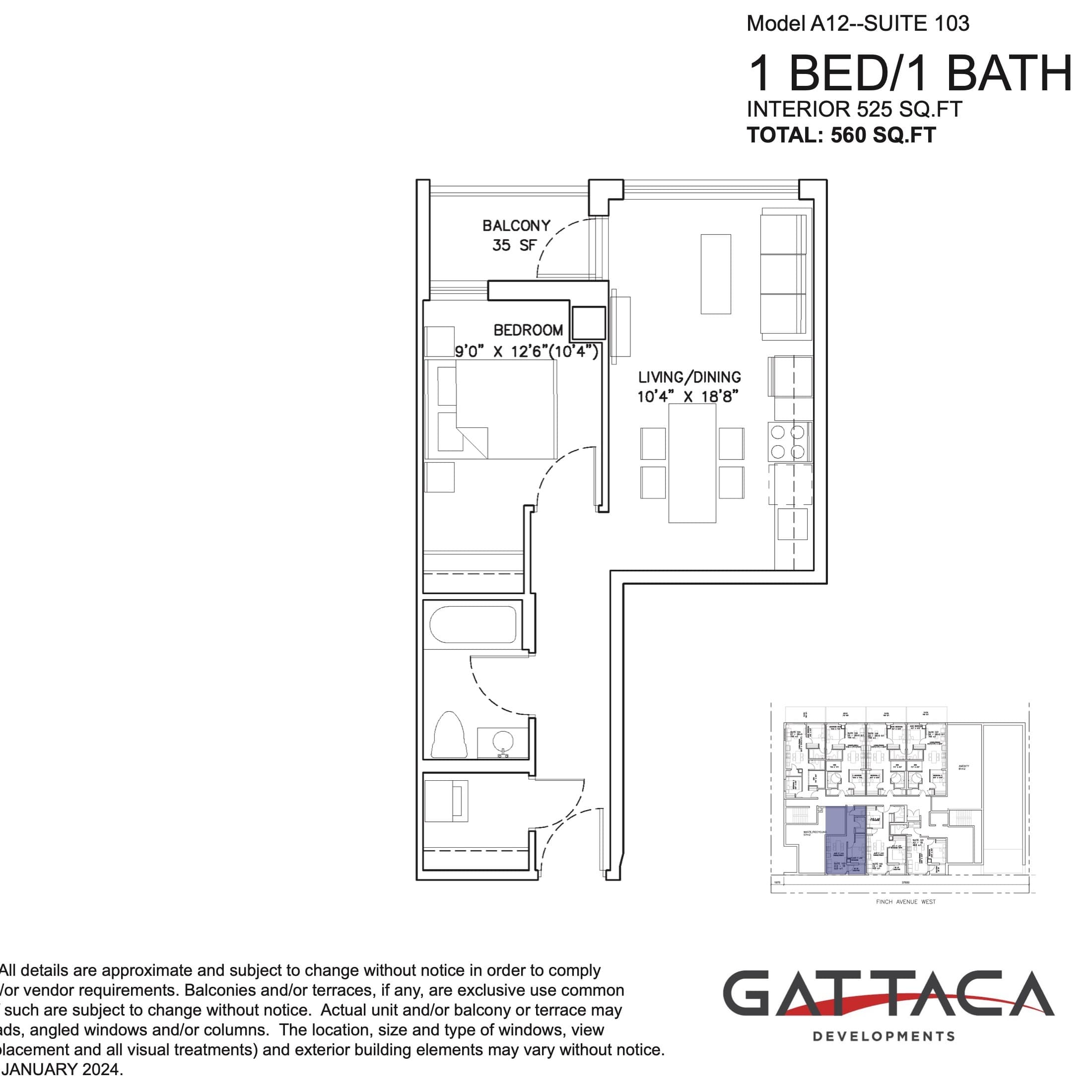 Model A12 - Suite 103 Floor Plan at Gallery Condos by Gattaca Homes - 525 sq.ft