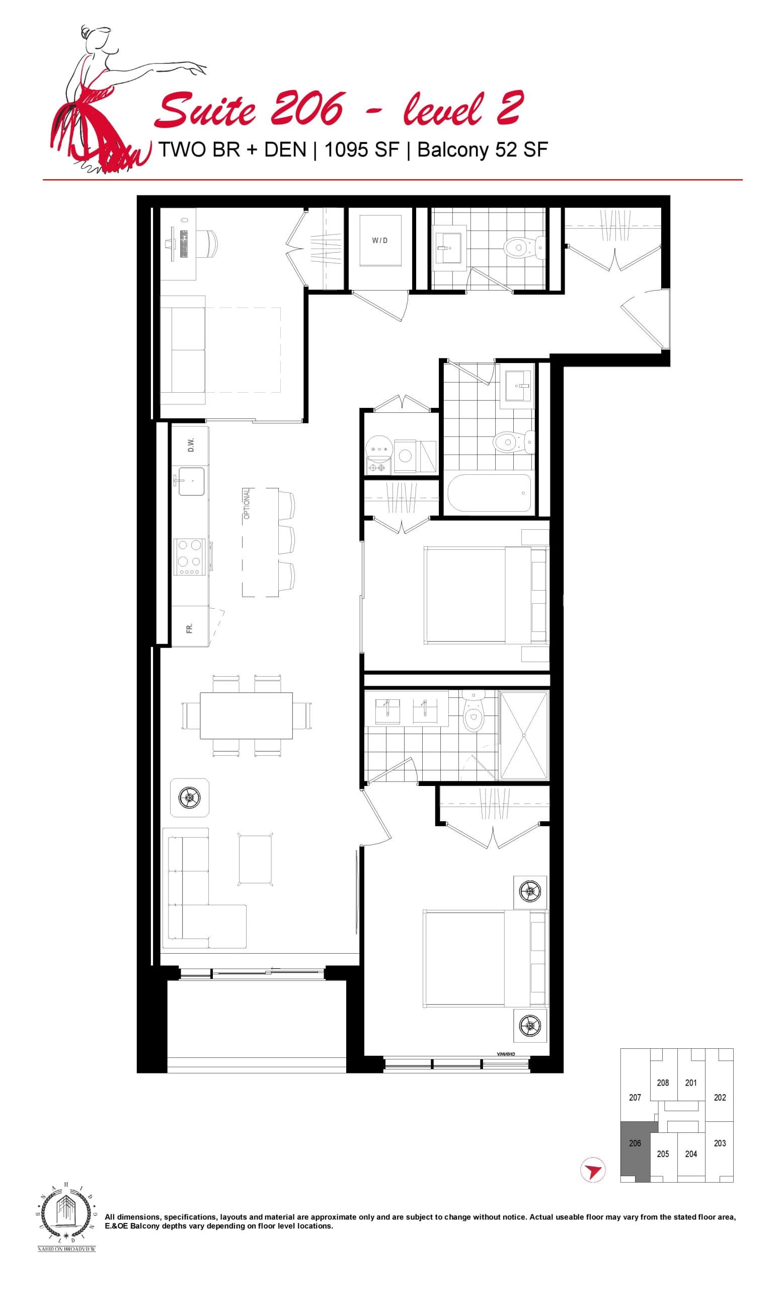 U206 (Suite 206) Floor Plan at Nahid on Broadview Condos - 1095 sq.ft