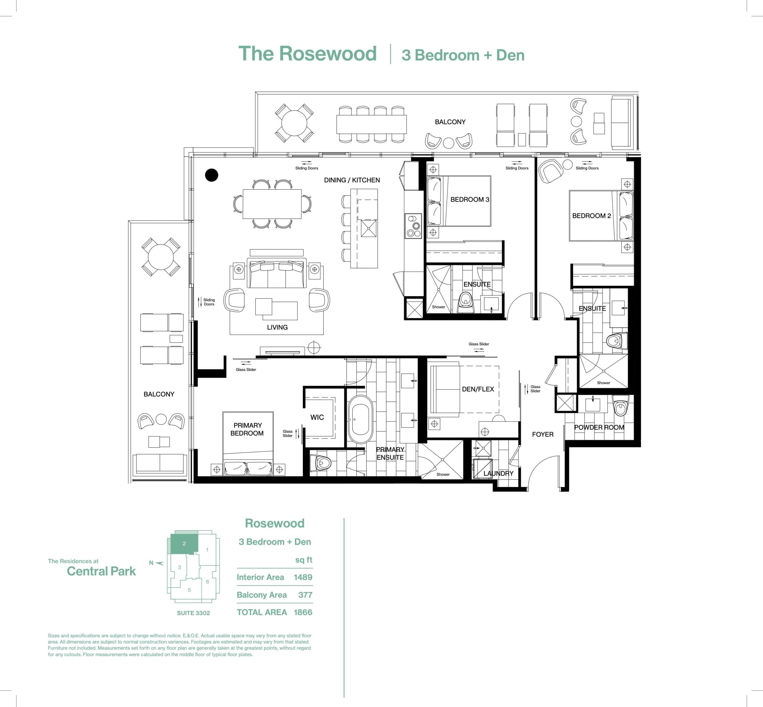 The Rosewood Floor Plan at The Residences at Central Park Condos - 1489 sq.ft
