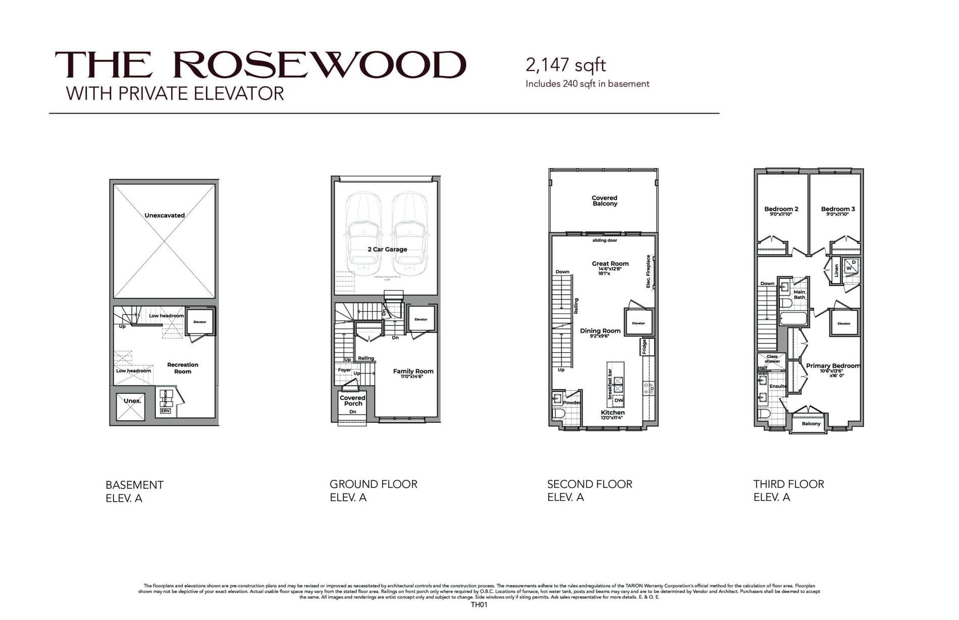The Rosewood (with Private Elevator) Floor Plan at Thornhill Heights Towns - 2147 sq.ft