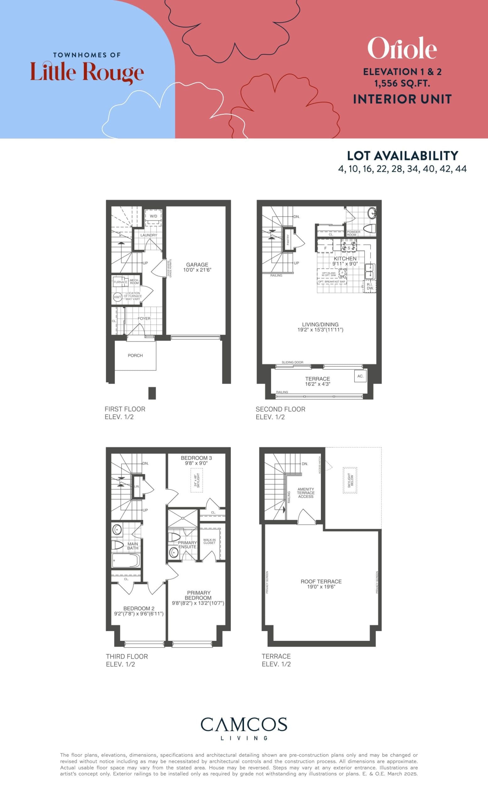 Oriole Interior Unit Floor Plan at Townhomes of Little Rouge - 1556 sq.ft