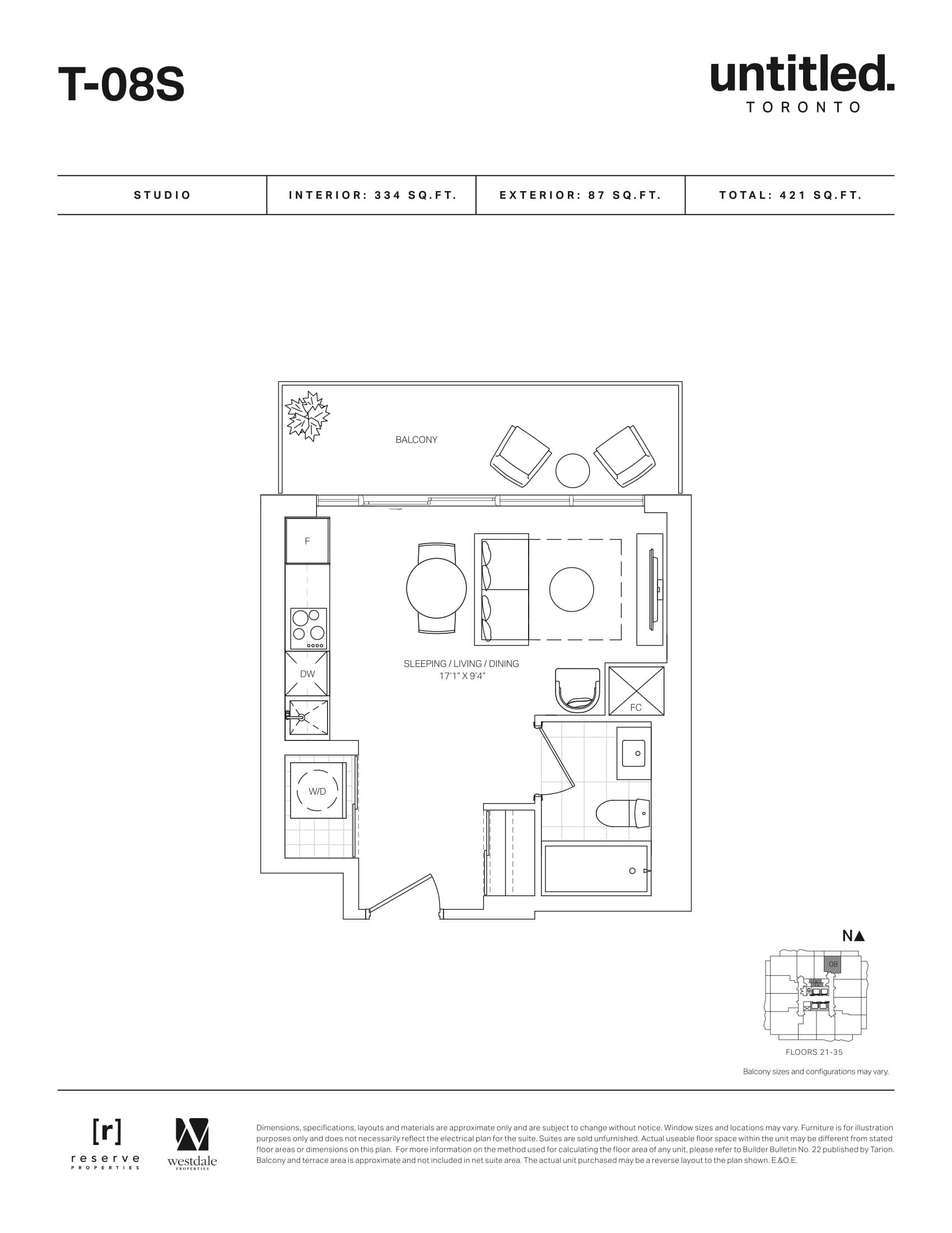 T-08S (Floor 21-35) Floor Plan at Untitled Toronto Condos - 334 sq.ft