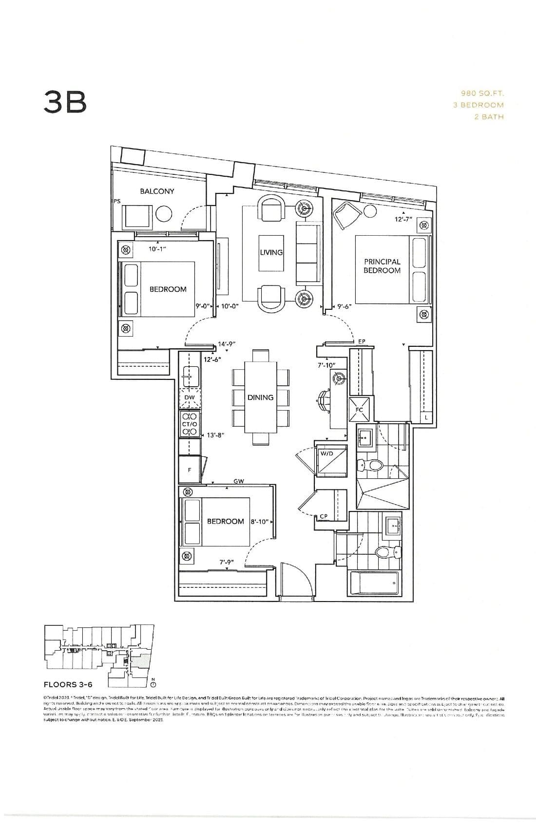 3B Floor Plan at 6080 Yonge Condos - 980 sq.ft
