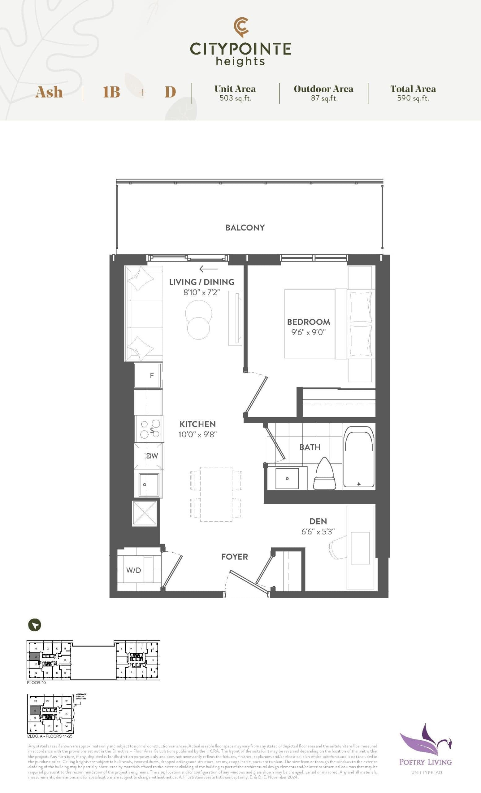 Ash Floor Plan at CityPointe Heights Condos - 503 sq.ft