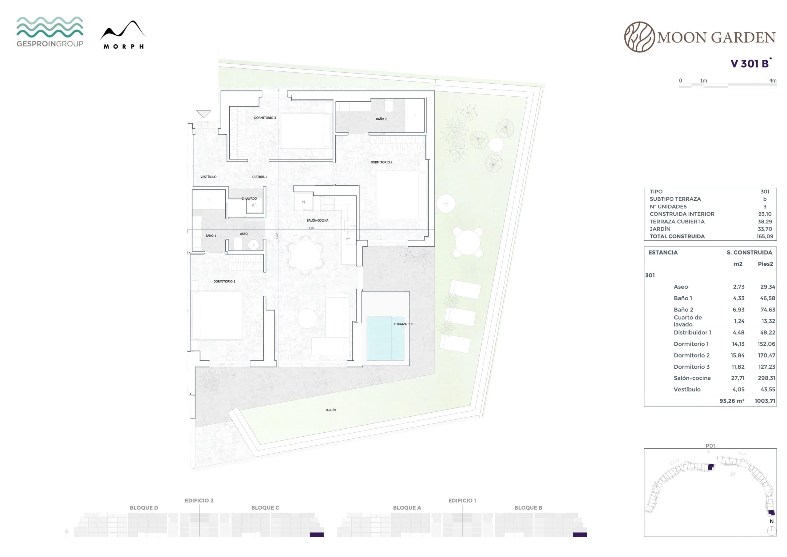 V 301 B Floor Plan at Moon Garden - 1002 sq.ft