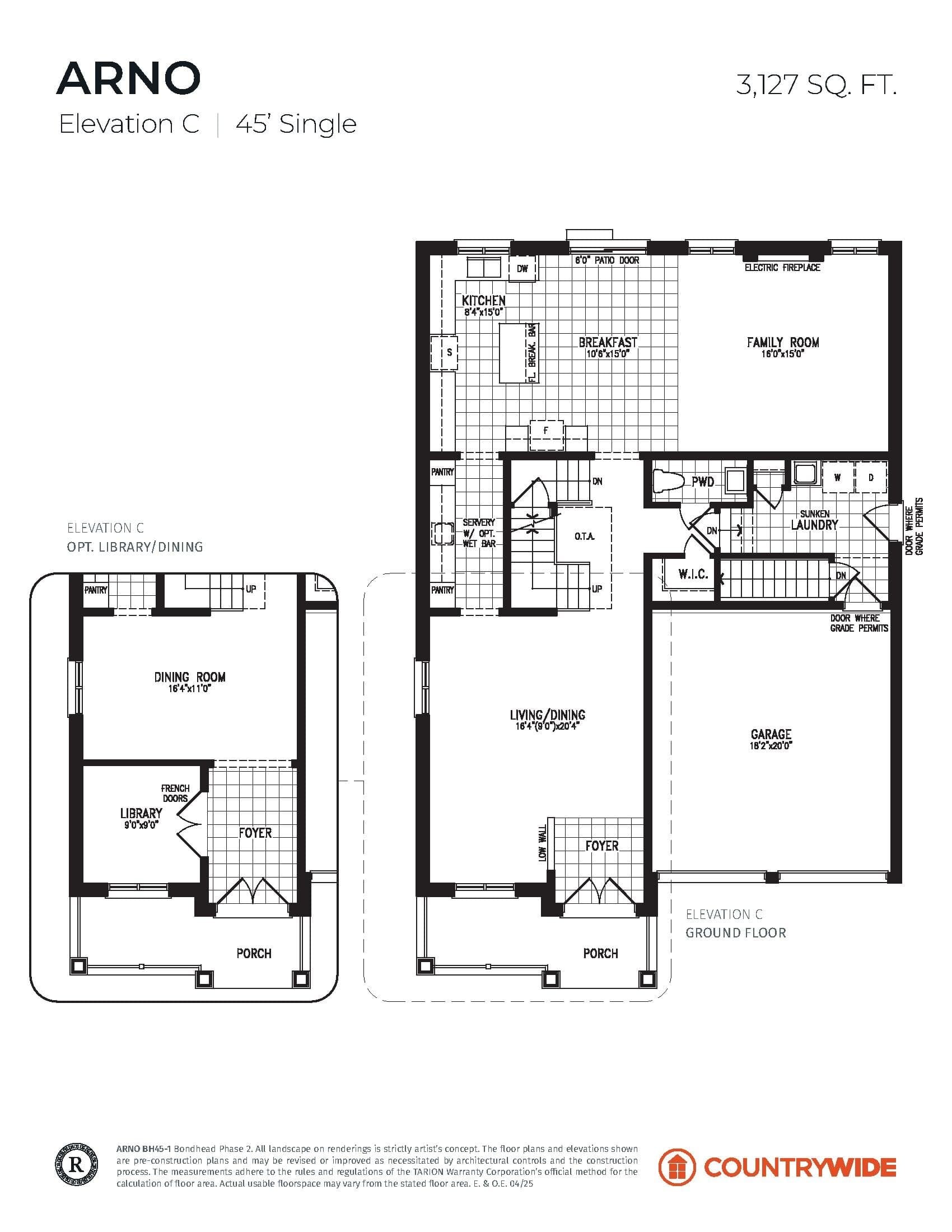 Arno (Elevation C) Floor Plan at Bondhead Phase 2 by CountryWide Homes - 3127 sq.ft
