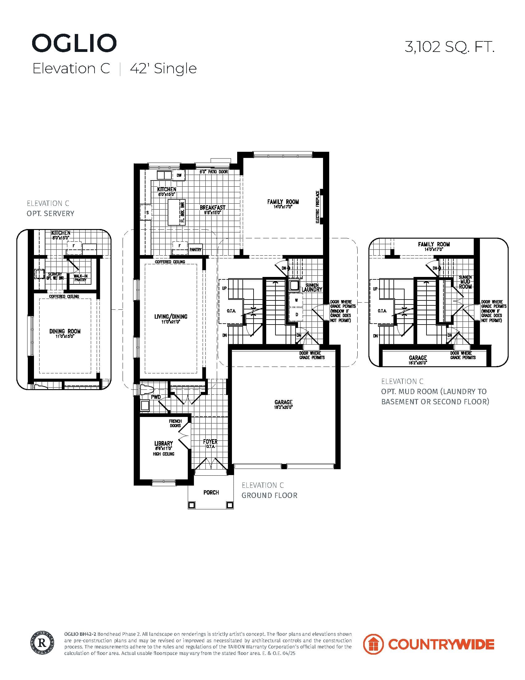 Oglio (Elevation C) Floor Plan at Bondhead by CountryWide Homes - 3102 sq.ft