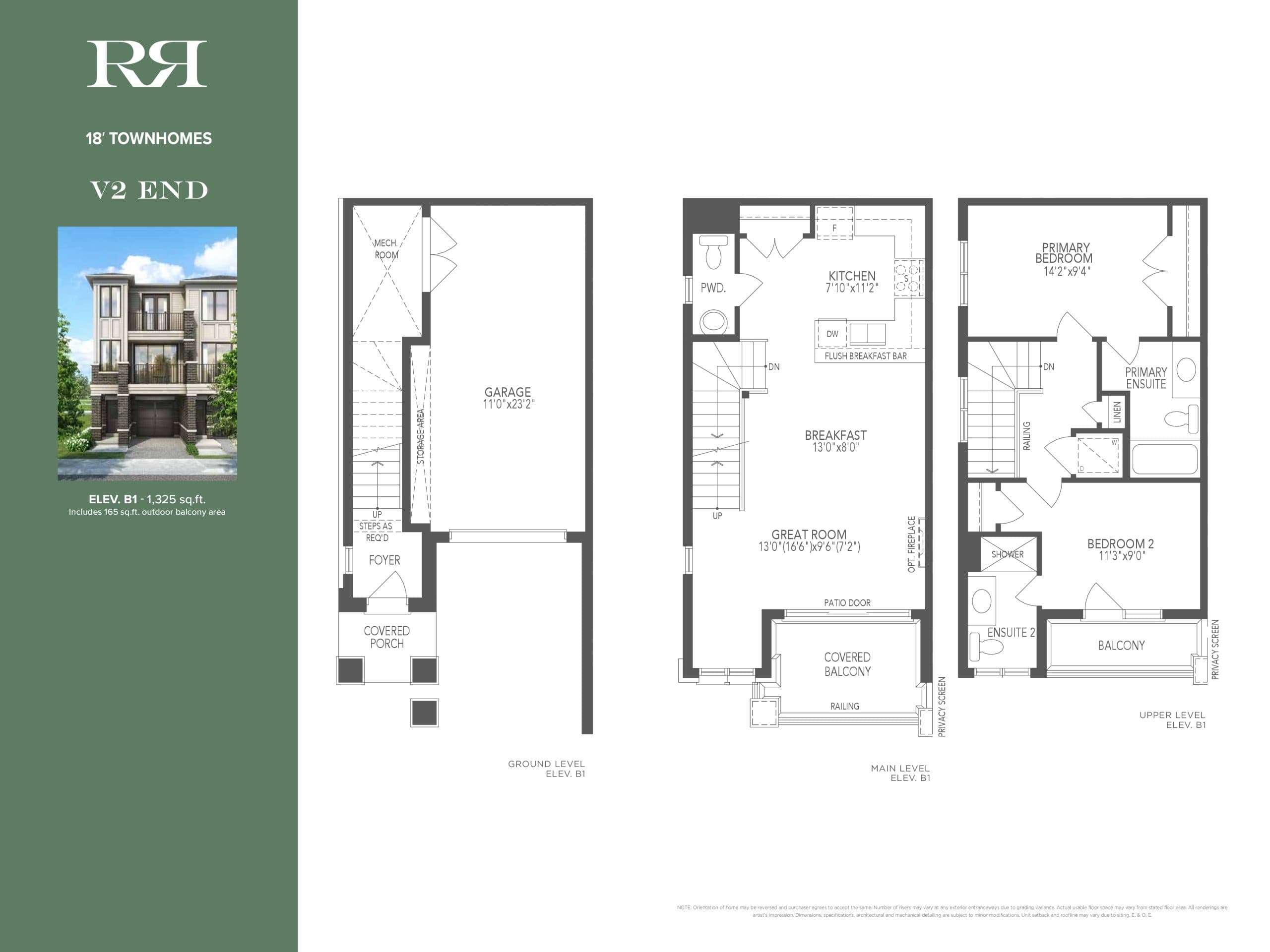 V2 End Floor Plan at Mirra Towns - 1325 sq.ft